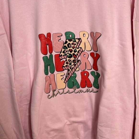 Merry Merry Merry Christmas Pink Holiday Christmas Sweatshirt Plus Size 2XL - Picture 4 of 11